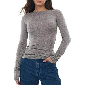 Women Heather Charcoal Boat Neck Long Sleeve Shirts Merino Tops Basic Tee Cozy